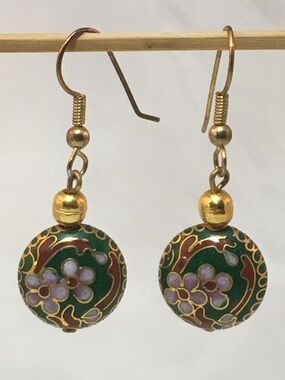 Green Cloisonné Floral Drop Earrings